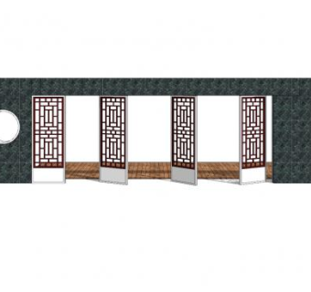 新中式槅扇门景墙SU模型下载_sketchup草图大师SKP模型