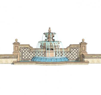 欧式艺术喷泉水景景墙SU模型下载_sketchup草图大师SKP模型