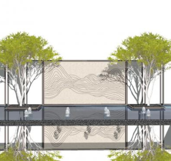 新中式简约山水景墙SU模型下载_sketchup草图大师SKP模型