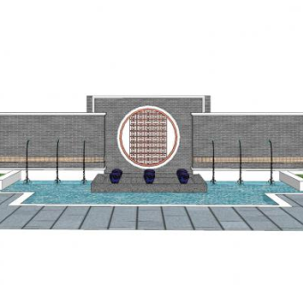新中式景观墙水景小品SU模型下载_sketchup草图大师SKP模型