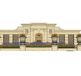 欧式花钵花圃景墙SU模型下载_sketchup草图大师SKP模型