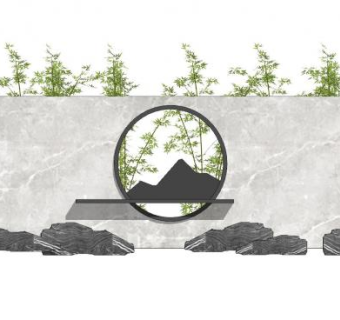 新中式大理石山景漏窗景墙SU模型下载_sketchup草图大师SKP模型