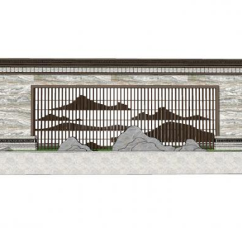 新中式古典山景景墙SU模型下载_sketchup草图大师SKP模型