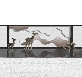 新中式山水鹿景景墙SU模型下载_sketchup草图大师SKP模型