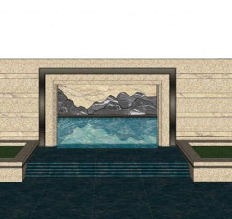 新中式山水流水景墙SU模型下载_sketchup草图大师SKP模型