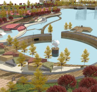 现代滨河喷泉栈道景观SU模型下载_sketchup草图大师SKP模型