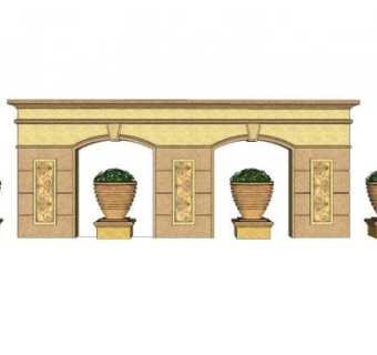 欧式花钵装饰景观墙SU模型下载_sketchup草图大师SKP模型