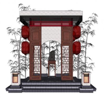 中式园林小景景墙SU模型下载_sketchup草图大师SKP模型