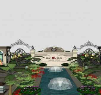 欧式喷泉水池景墙大门SU模型下载_sketchup草图大师SKP模型