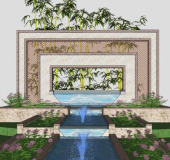 新中式花圃景观流水景墙SU模型下载_sketchup草图大师SKP模型