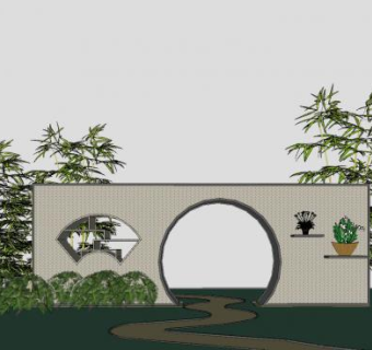 中式园林月亮门景墙SU模型下载_sketchup草图大师SKP模型