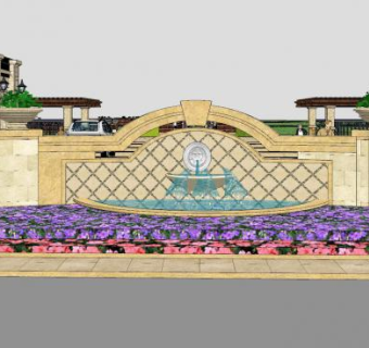 欧式花圃喷泉景墙SU模型下载_sketchup草图大师SKP模型