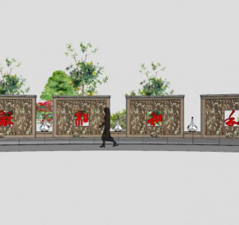 中式景观墙水景SU模型下载_sketchup草图大师SKP模型