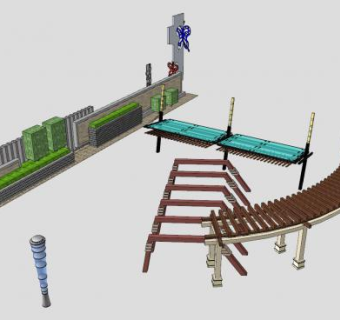现代廊架景观墙SU模型下载_sketchup草图大师SKP模型