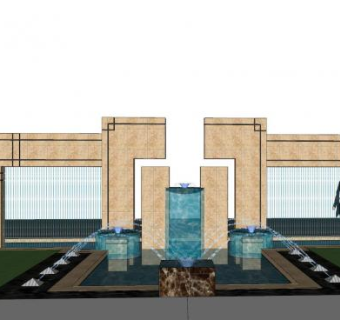 中式景观水幕墙喷泉SU模型下载_sketchup草图大师SKP模型