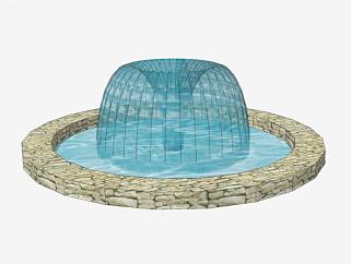 圆形砖墙喷泉景观SU模型下载_sketchup草图大师SKP模型