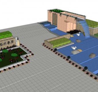 格林春岸流水景墙SU模型下载_sketchup草图大师SKP模型