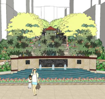 欧式小区喷泉景墙SU模型下载_sketchup草图大师SKP模型