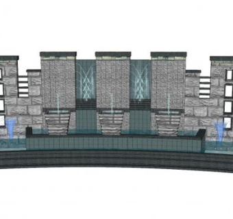 新中式大型喷泉景墙SU模型下载_sketchup草图大师SKP模型