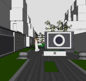 新中式景观墙走道SU模型下载_sketchup草图大师SKP模型