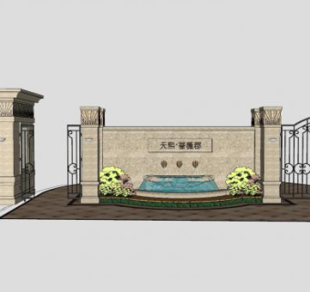 蔷薇郡欧式流水景墙SU模型下载_sketchup草图大师SKP模型