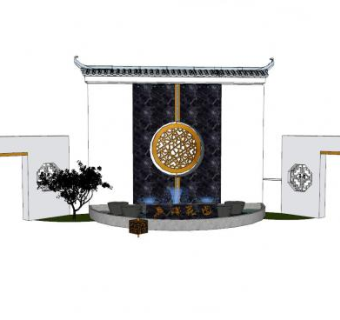 中式轻奢喷泉景观墙SU模型下载_sketchup草图大师SKP模型