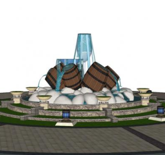 欧式酒主题喷泉水池SU模型下载_sketchup草图大师SKP模型