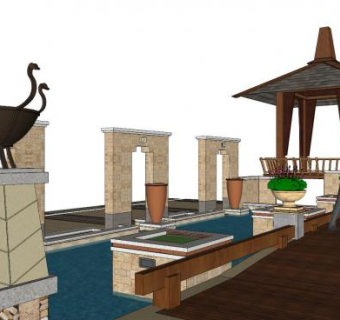 东南亚凉亭泳池景墙小品SU模型下载_sketchup草图大师SKP模型