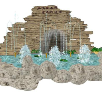中式假山荷花池喷泉景观SU模型下载_sketchup草图大师SKP模型
