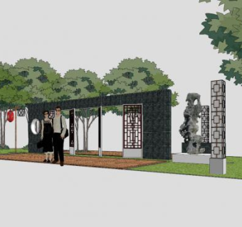新中式隔扇门景墙小品SU模型下载_sketchup草图大师SKP模型