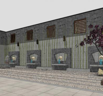 新中式园艺流水景墙SU模型下载_sketchup草图大师SKP模型