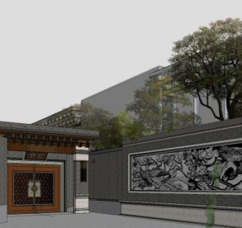 新中式浮雕景墙大门SU模型下载_sketchup草图大师SKP模型