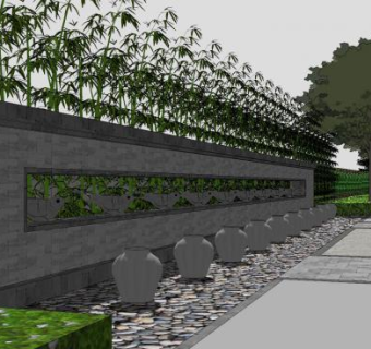 新中式漏窗绿植景墙SU模型下载_sketchup草图大师SKP模型
