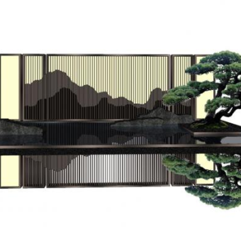 新中式水池景观墙SU模型下载_sketchup草图大师SKP模型