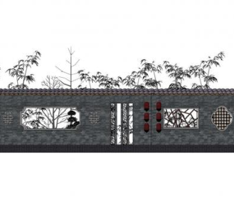 中式漏窗景墙绿植景观SU模型下载_sketchup草图大师SKP模型