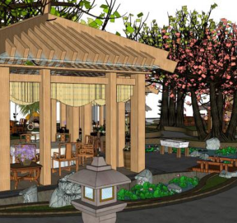 户外休闲区木亭茶桌椅SU模型下载_sketchup草图大师SKP模型
