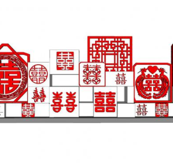中式喜字景观墙SU模型下载_sketchup草图大师SKP模型