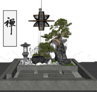 中式假山松树景观小品SU模型下载_sketchup草图大师SKP模型