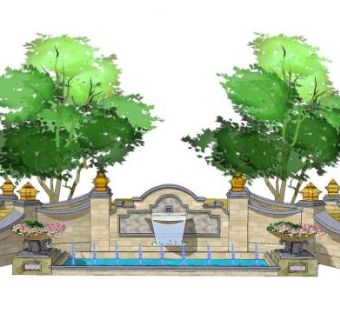 现代水池景观墙小品SU模型下载_sketchup草图大师SKP模型