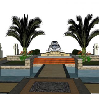 中式园林喷泉水景SU模型下载_sketchup草图大师SKP模型