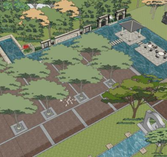 现代园林小品泳池景观SU模型下载_sketchup草图大师SKP模型