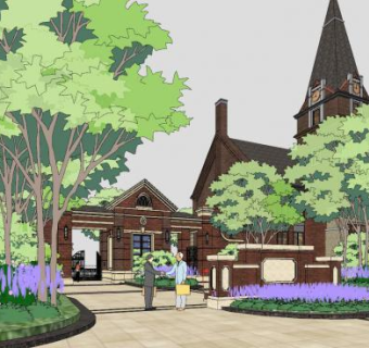 欧式建筑园林走道SU模型下载_sketchup草图大师SKP模型