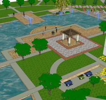 中式喷泉水池园林景观SU模型下载_sketchup草图大师SKP模型