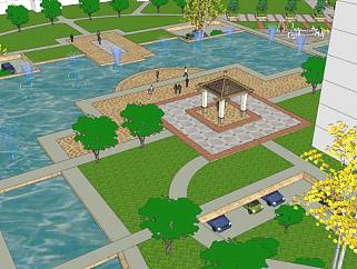 中式喷泉水池园林景观SU模型下载_sketchup草图大师SKP模型