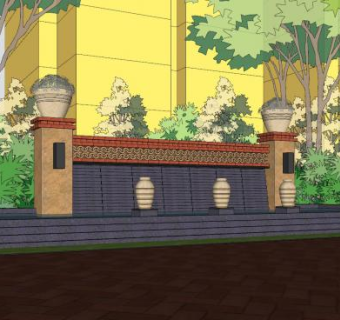 中式园林景墙景观SU模型下载_sketchup草图大师SKP模型