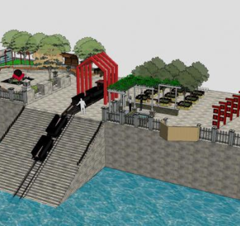 新中式滨水园林景观SU模型下载_sketchup草图大师SKP模型