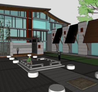 新中式走道园林景观SU模型下载_sketchup草图大师SKP模型