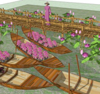 中式荷花池栈道码头SU模型下载_sketchup草图大师SKP模型