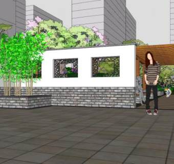 中式景墙廊道景观SU模型下载_sketchup草图大师SKP模型