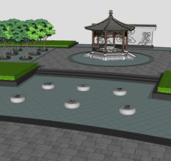 新中式园林水景SU模型下载_sketchup草图大师SKP模型